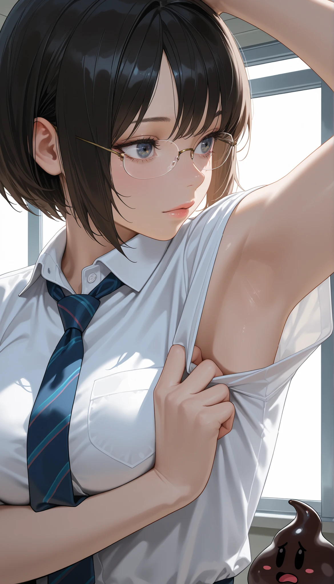 masterpiece, Highest Quality, amazing quality, very elaborate, realism, Realistic, portrait, 1girl, rimless, womanhood,reach out,Extremely detailed eyes,,Detailed Background, ,masterpiece, Highest Quality, extremely high resolution, Newest, amazing quality,Hi-Res,Sensitive, Super Detailed, HDR, 8k, schoolgirl, big, uniform, poop on the faces of, pulls clothes to show armpits,