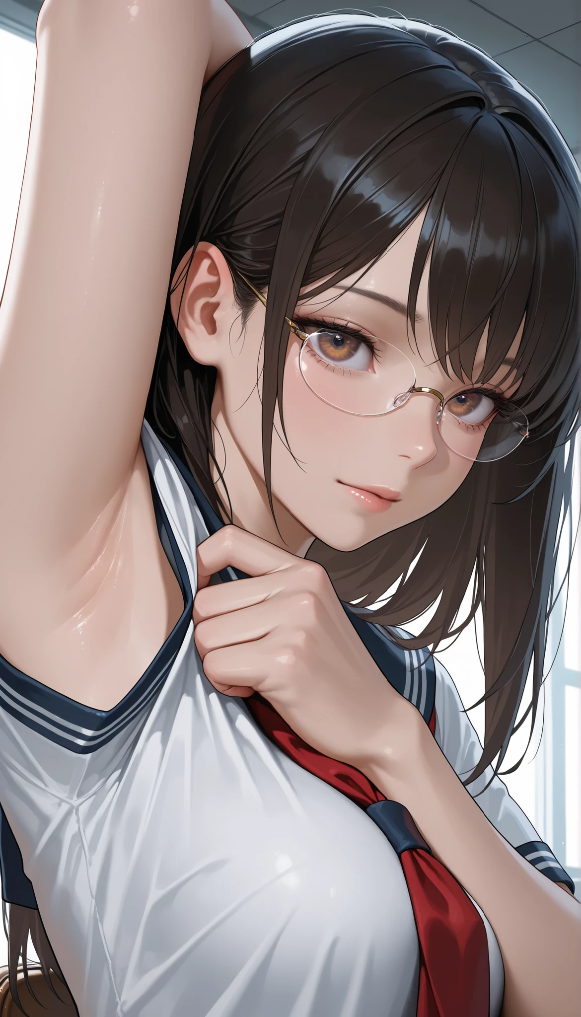 masterpiece, Highest Quality, amazing quality, very elaborate, realism, Realistic, portrait, 1girl, rimless, womanhood,reach out,Extremely detailed eyes,,Detailed Background, ,masterpiece, Highest Quality, extremely high resolution, Newest, amazing quality,Hi-Res,Sensitive, Super Detailed, HDR, 8k, schoolgirl, big, uniform, poop on the faces of, pulls clothes to show armpits,