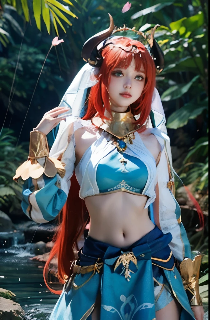 nilou_realistic, 1girl,(navel), (red long hair, twin tails, skirt,crop top, long sleeves, o-ring legwear), upper body,(standing),(cowboy shot),(masterpiece, high quality, best quality), (colorful),(delicate eyes and face), volumatic light, ray tracing, extremely detailed CG unity 8k wallpaper,solo, ((flying petal)), outdoors,Tropical rainforests, rivers, dirt, green plants, 