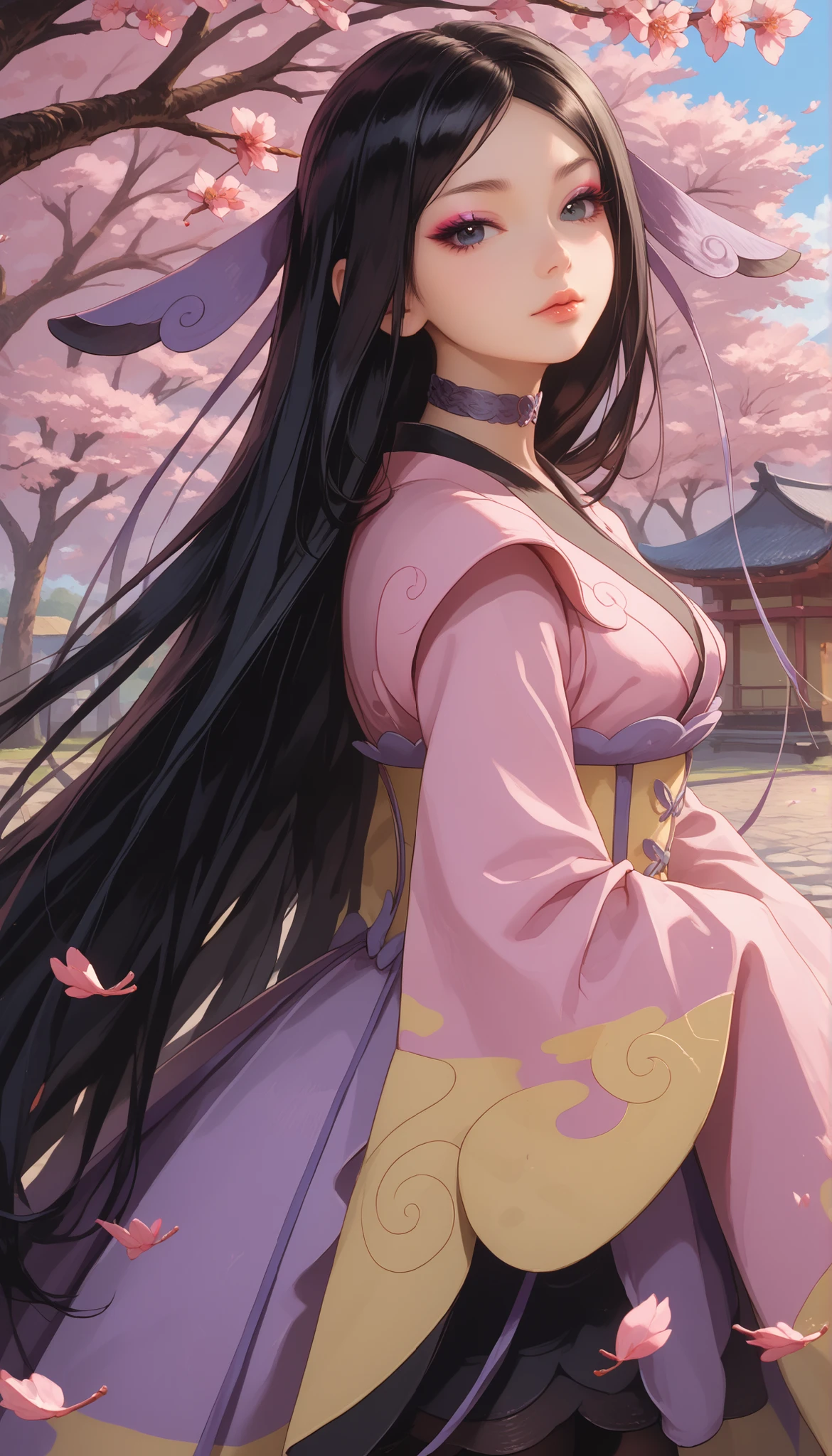zzValerie, long hair, black hair, big black eyes, highly detailed face, glossy detailed lips, parted bangs, eyeshadow, hair ornament, black pantyhose, choker, dress, furisode, highly detailed clothing, japanese clothes, kimono, long flowing sleeves that completely cover hands and fingers, sleeves draping naturally to obscure hands, stood, dynamic angle, view from side, dynamic background, traditional Japanese garden, Japanese festival, cherry blossom trees, stunning 8k quality, masterpiece, vivid colors