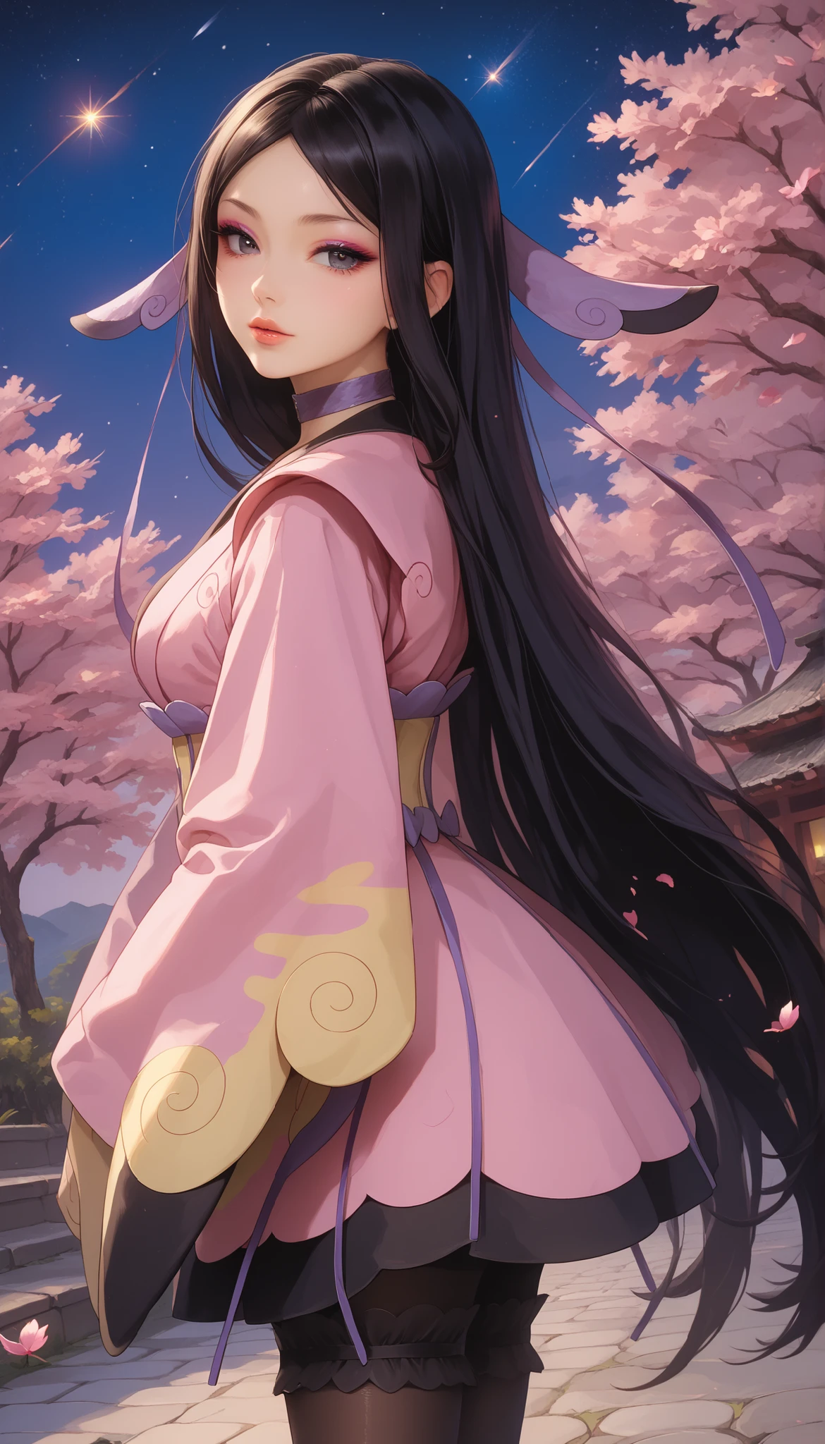 zzValerie, long hair, black hair, big black eyes, highly detailed face, glossy detailed lips, parted bangs, eyeshadow, hair ornament, black pantyhose, choker, dress, furisode, highly detailed clothing, japanese clothes, kimono, long flowing sleeves that completely cover hands and fingers, sleeves draping naturally to obscure hands, stood, dynamic angle, view from side, dynamic background, traditional Japanese garden, night sky, shooting stars, nebulas in sky, cherry blossom trees, stunning 8k quality, masterpiece, vivid colors