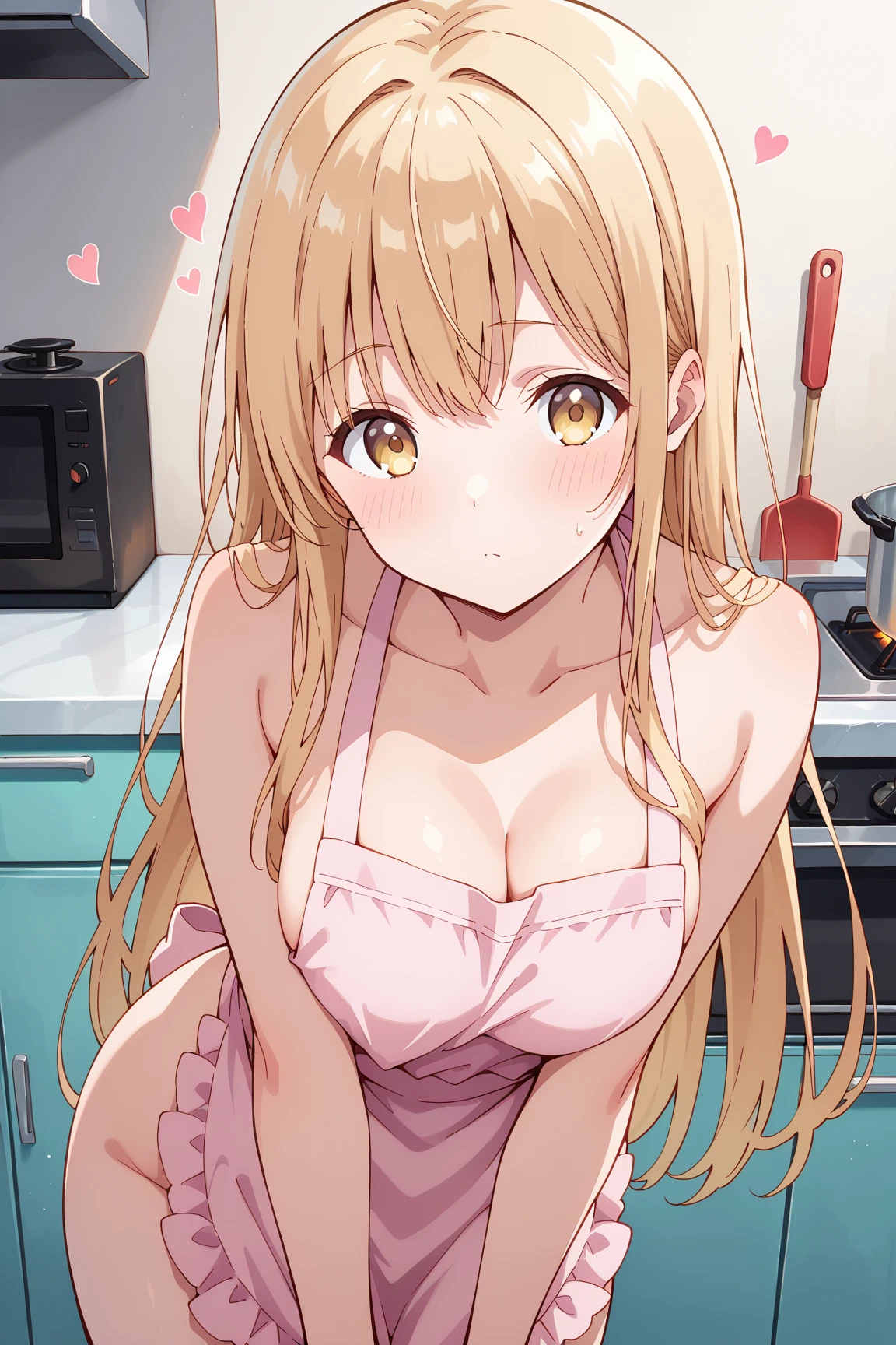 (anime art style:0.1), 2d, masterpiece, best quality, (very aesthetic:1.5), absurdres, dynamic shadows, atmosferic, (kitagawa marin), (1girl), ((blonde hair)), long hair, (red eyes), sparkle eyes, detailed eyes, eyelashes, ahoge, hair between eyes, bangs, medium breasts, cleavage, navel, (curvy body), big thighs, smile, off shoulder, bare shoulders, bare arms, short sleeves, frilled bluse, white bluse, pleated skirt, black miniskirt, black thighhighs, lace-trimmed thighhighs, white sneakers, ((cowboy shot)), looking at viewer, ((v)), wariza, ((hands on ground)), (from front), kitchen, city, window, clouds