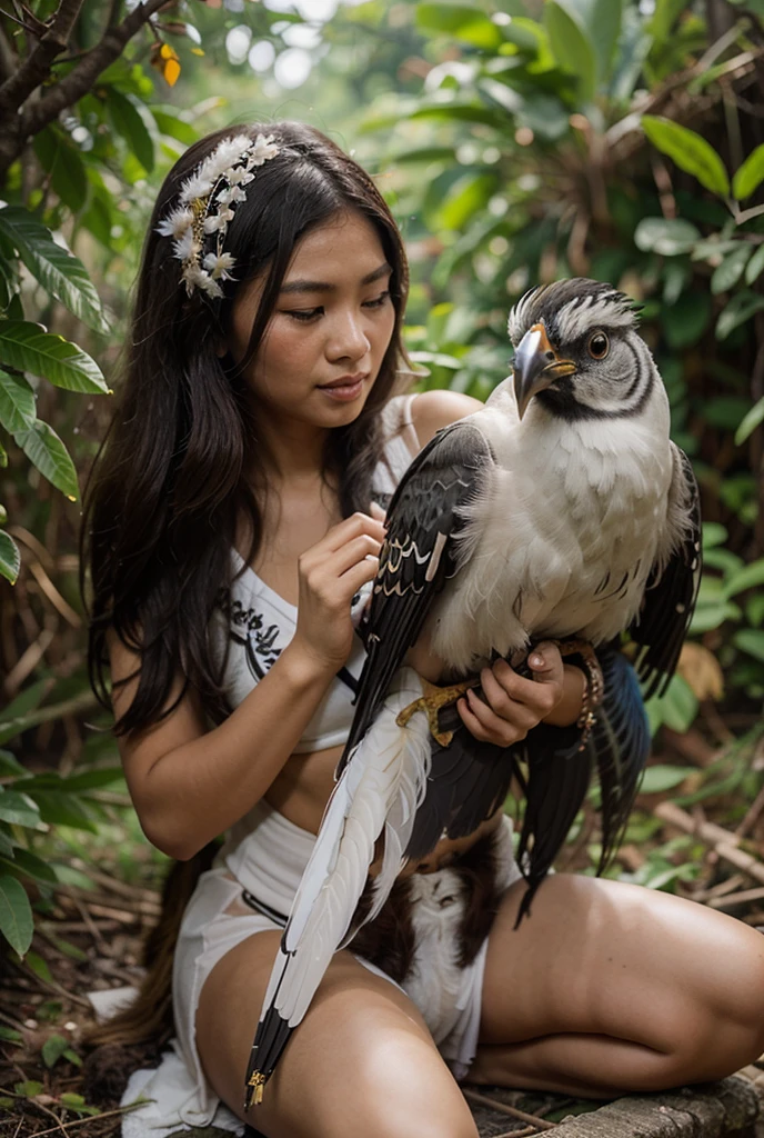 Masterpieces of the highest quality,Insanely detailed.Hyper realistic, Cowboy Shot, (Cowboy Hat:-1), (Harpy), Humanoid monster. in that arm, Wearing arm covers that look like real bird feathers. On his feet, he wears boots that look like real bird feet.. That expression is smiling. On its head, wears a crown made of feathers. 彼女は森の中のlakeでplaying in the waterをしています. There is a forest in the background、The sun is shining. (playing in the water), ((Splashing)) 1girl in, Tank top made with real feathers, Shorts made with real feathers, forest, lake, Shining