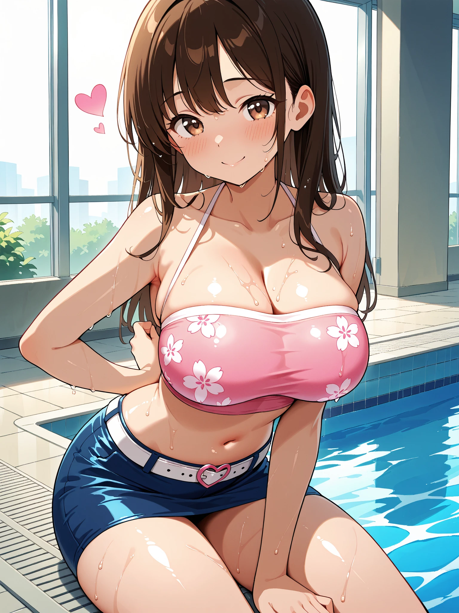 (Best quality:1.3), brown hair, large breasts, pink bikini, jean shorts, beach, sitting, (from above view, pov), (blushing:1.3), (cum on tongue:1.3), open mouth