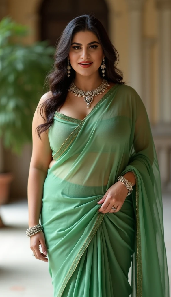 50yo mature MILF Anushka Shetty,((best quality)), ((masterpiece)), ((realistic)), Medusa, full body, the hair composed of countless small snakes, green eyes, female face,metal carved top, royal aura, trend on artstation , sharp focus, studio photo, intricate detail, very detailed, detailed eye, illustration, very detailed, sharp focus, digital render, professional, 4k, low waist saree satin sleeveless saree fashion,, she hates wearing any bra or blouse, thick figure, bulky figure, thick belly, massive big breast,