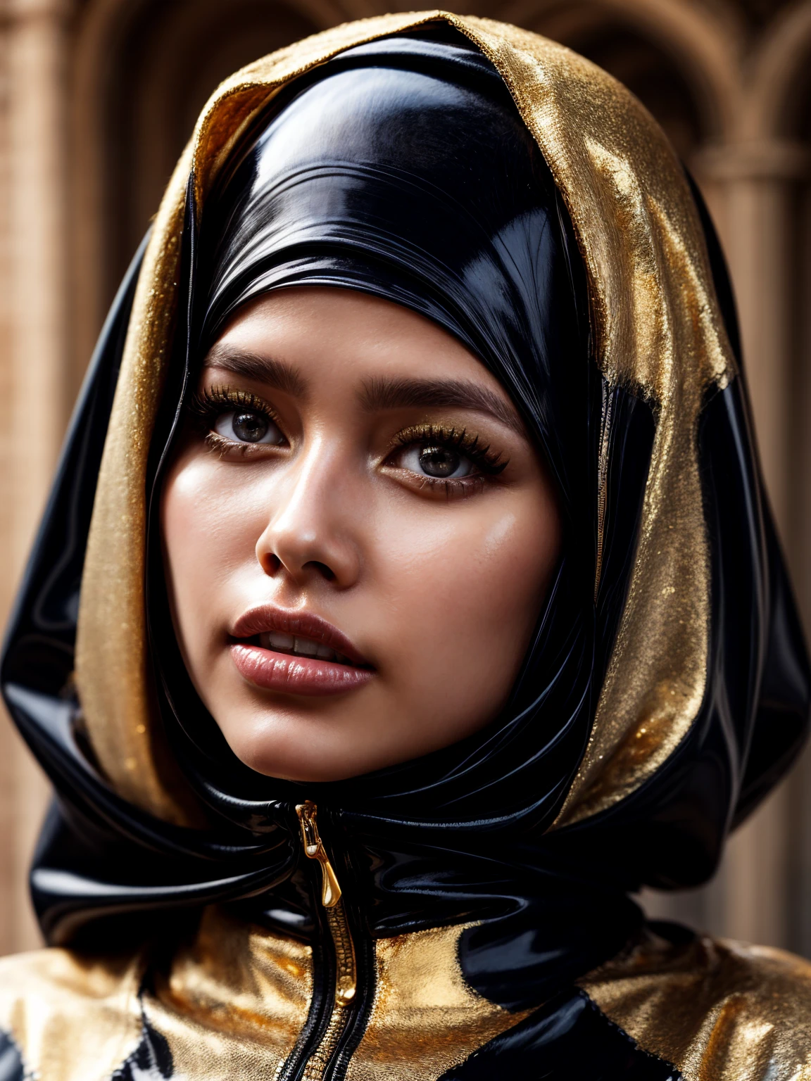 gorgeous trans woman, professional, (4k photo) by (Jeremy Lipking:0.3), (Dittmann Anna:0.3), (Arian Mark:0.3), (Sharp focus:1.3), (beautiful woman:1.3), wearing (latex hijab, latex abaya with intricate gold details:1.2), perfect make-up, striking, mesmerizing eyes, beautiful detailed face, full lips.praying on knees in an arabian medieval marketplace in front of a mistress