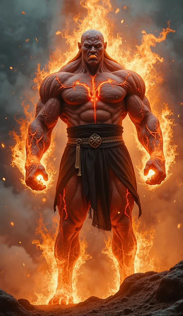 A man all red and muscular. Viking style with a God twist. He is very powerful and shows fear and respect with his gaze.. His body is all muscular and his smile is sadistic. It has red effects around it. Written "MonsterLabs" below.