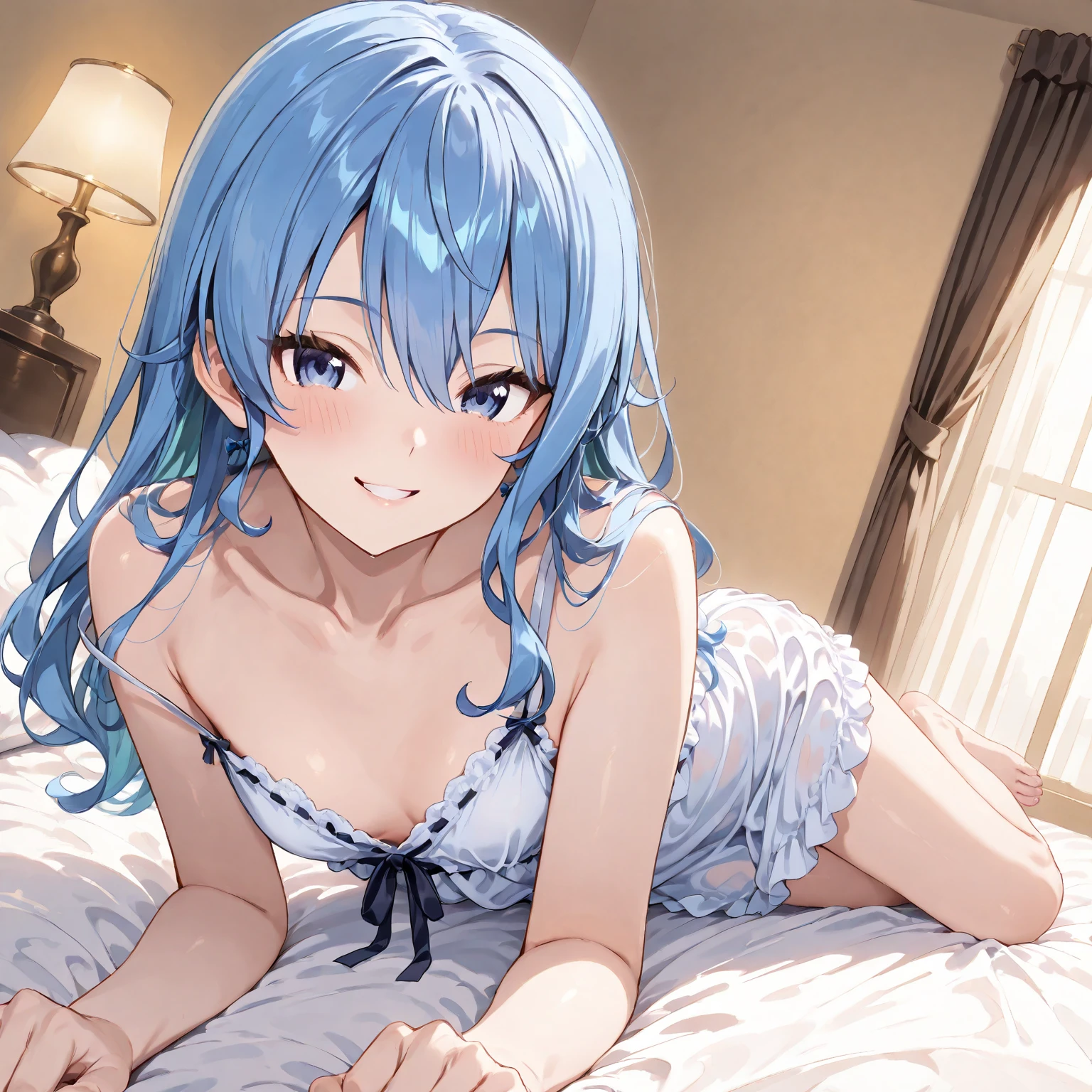  最high quality,very detailed,high quality,Extremely detailed,masterpiece,Super fine,ultra high resolution,超high quality,super delicateな顔,super realistic,(1 person:1.2)、woman、、light blue hair color、(Cute sky blue eyes)、(short:1.3)、flat chest 、 body shape、(twin drill hair:1.2)、16KSuper fineCG壁紙, masterpiece, excellent image quality, super delicate), (wonderful light and shadow, delicate and beautiful), real smooth skin, bright face, 18K close-up perfect display, change, cute, Girl wearing exquisite sleeveless shirt and long skirt, Lying face down on a big white bed,