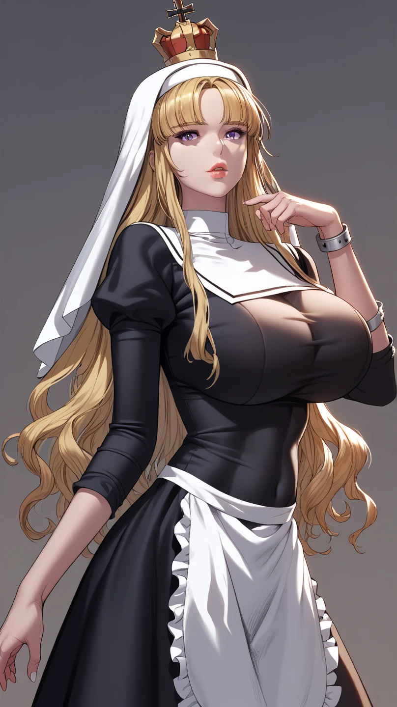 blonde，Golden Eyes，Long hair，Big breasts，woman wearing nun uniform，Mature face，Royal sister