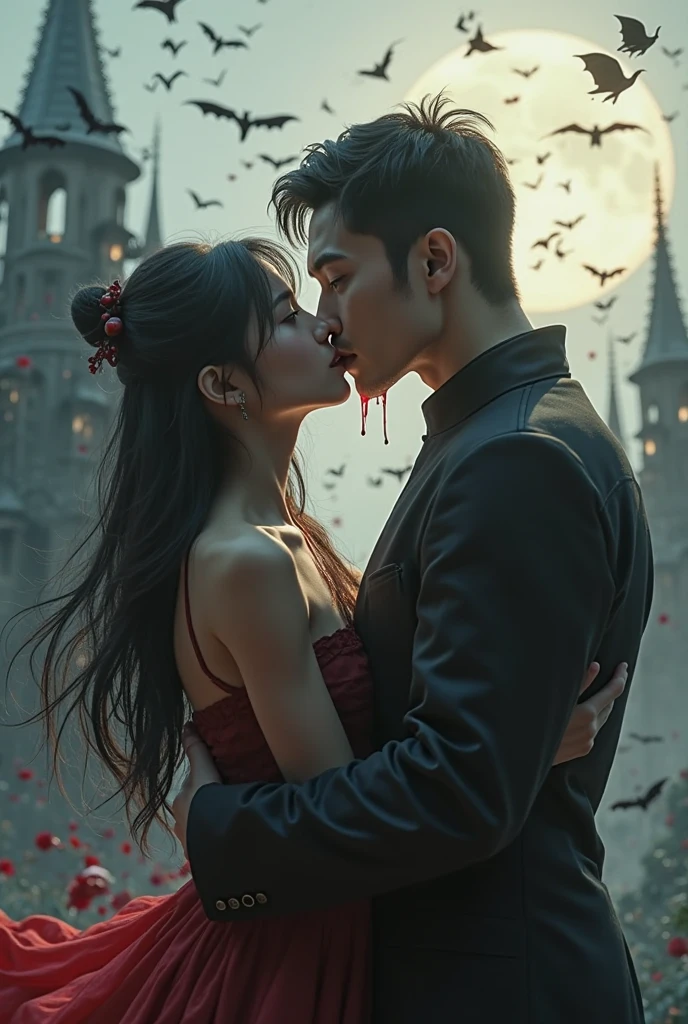A very cute beautiful woman knife, cut throat A boy ninja neck bloody splash, full body, wide open throat, throat contents