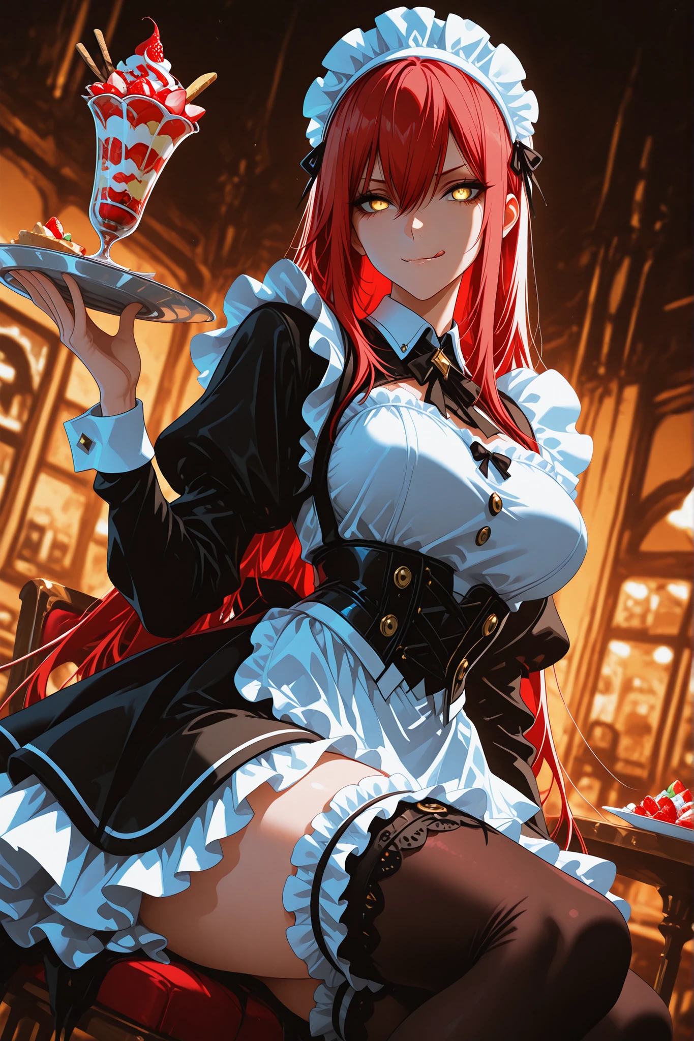 ((anime coloring:1.25)), 1 woman, golden eyes , very long hair , long sidelocks, red hair , half upon, mediumlarge breasts , petite , very cute , beautiful ,Straight hair, cool, handsome, hair between eyes,
, evil smile, maid, maid outfit, ta fashion, maid headdress, frilled dress, ribbon dress, frilled thighhighs, bare shoulder, layered skirt,
holding plate, cute parfait on plate, sitting, licking lips, maid cafe
(((dynamic pose, dynamic angle))), dutch angle, scenery