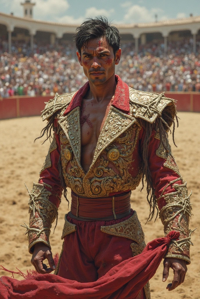Robust shirtless bullfighter, looking ahead, tight suit
