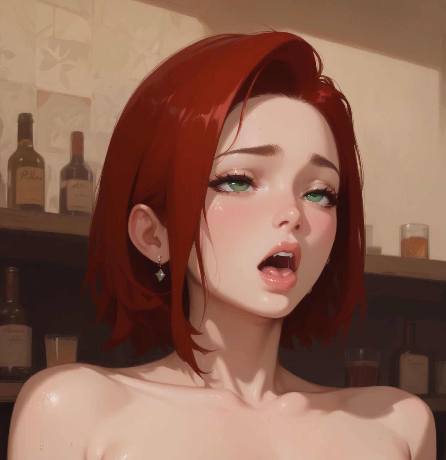 ((((masterpiece, best quality, high resolution)))), Extremely detailed 8K, Beautiful girl with voluptuous body, (Ultra HD, Ultra-detailed, Highly detailed, Highly realistic, Ultra-realistic, photograph realistic), (1girl:1.5), (Realistic orange hair), (short silky hair, hair ornaments, earrings), (dynamic poses), facing at camera, looking at viewer, (blushing red, embarrassed, exhausted, smile), (grey eyes, sharp eyes), (small perky breasts:1.2), (beautiful detailed face, beautiful detailed eyes), ((black choker, naked)), (detail pussy), (standing up), sweat, glow, (sunbeam, sunlight), ((cowboy shot)), bedroom, seductive