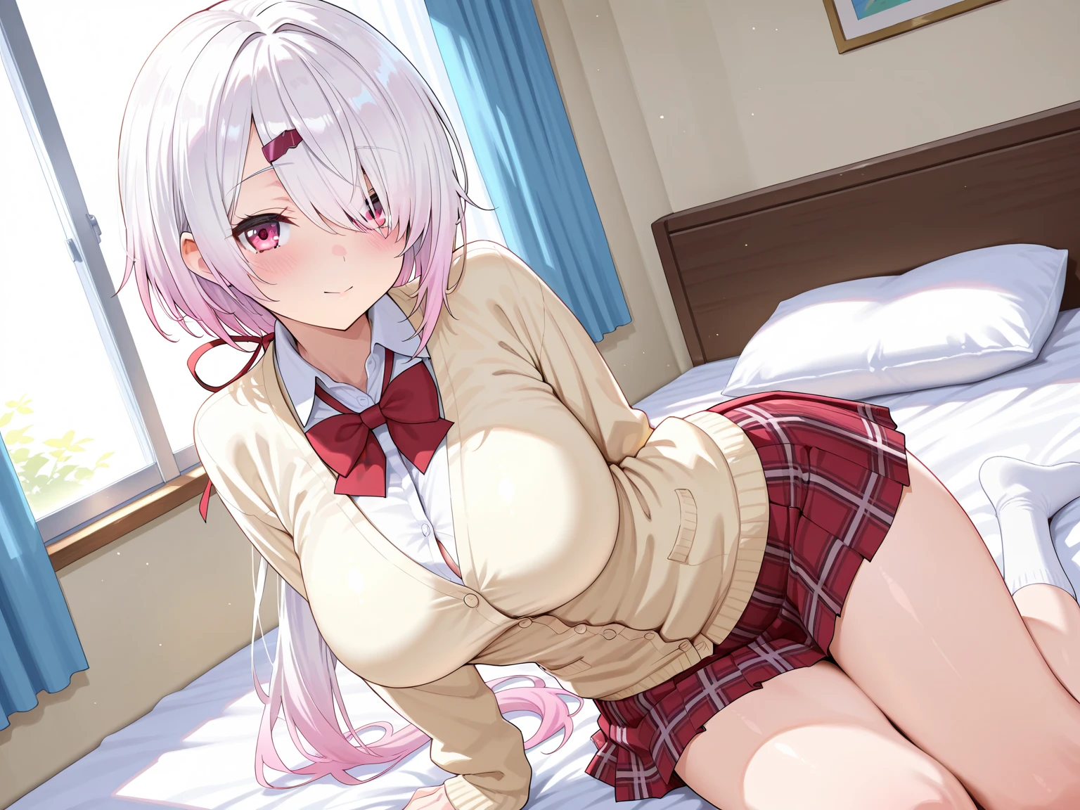 bedroom, (masterpiece), best quality, my foxy girlfriend - fuku, medium breasts, white skin, beautiful eyes, white high socks, white fox ears, one white fox tail, round face, white hair, cute girl, innocent , medium size, teenager, light pink sweater, white thighs high,red tie hidden by sweater, light red eyes, short back hair, 2 long strands falling on breasts, very short red plaid skirt under the sweater, thick thigh, black japanese school shoes