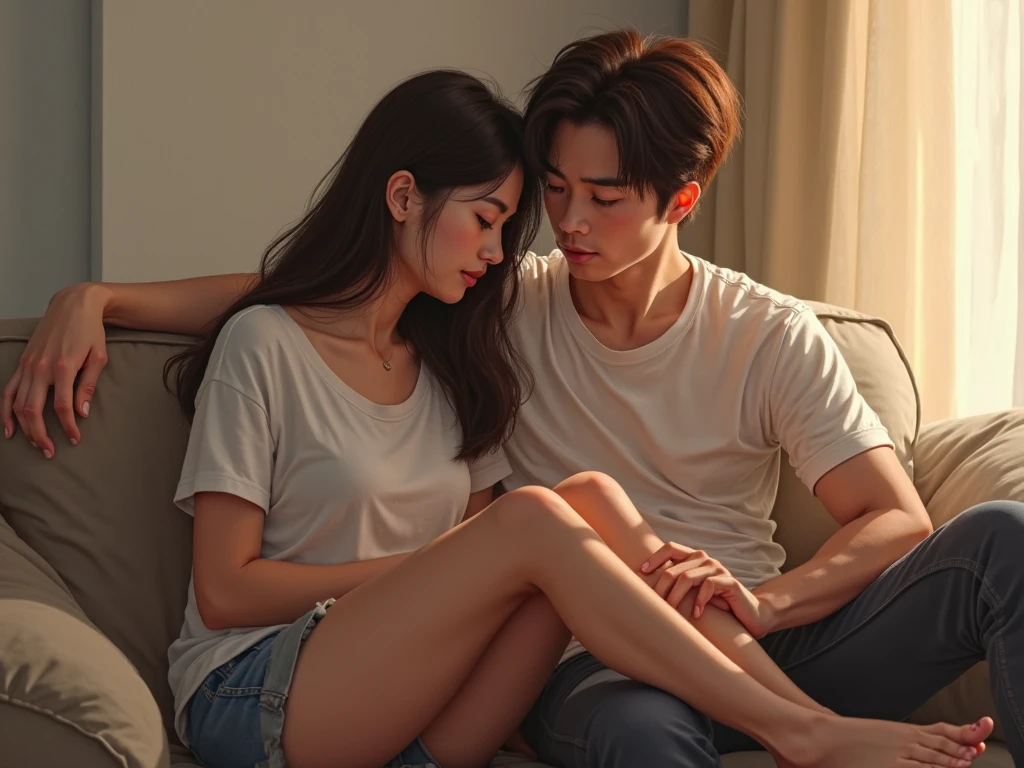 digital art, a 20 year old male, black underwear, sat down, shirtless, sweaty, big bulge, he’s getting his foot massaged by a female wearing lgbt shirt, foot massage, getting feet massaged by a woman