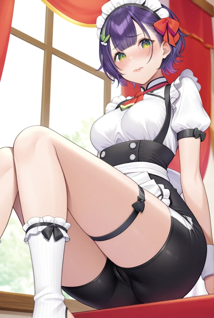 One Girl、Maid clothes、Are standing、Please lift your skirt、Used condom skirt、Blushing、Front view、Love juice dripping from between her legs