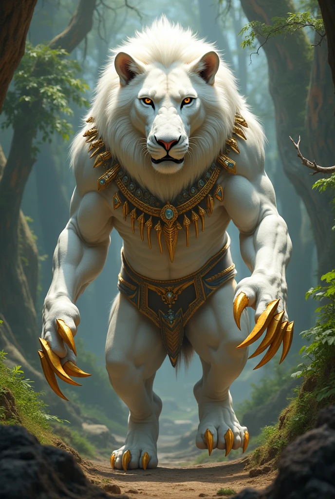 A muscular humanoid albino lion being a druid