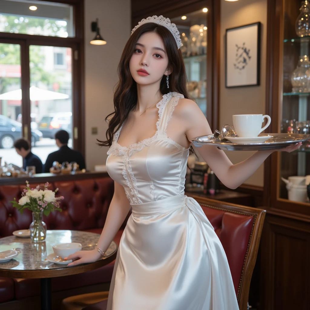 Set within (Gorgeous, A winter-themed dining hall decorated with silver garlands and sparkling crystal ornaments:1.5), The model is astonished (Sensual, Translucent white maid outfit, Frost-like pattern and soft, White fur:1.5). She is standing by a lavishly set table, Decorate a festive centerpiece, Her posture is graceful and provocative at the same time.. The room is (bright, エレガントなシャンデリアから発せられるbright光と鏡面に反射した光:1.5), Shine bright, 繊細なShine bright魅惑的な光, Sexy details in her white Christmas maid outfit. Light blooming effect ,Browsing Caution,