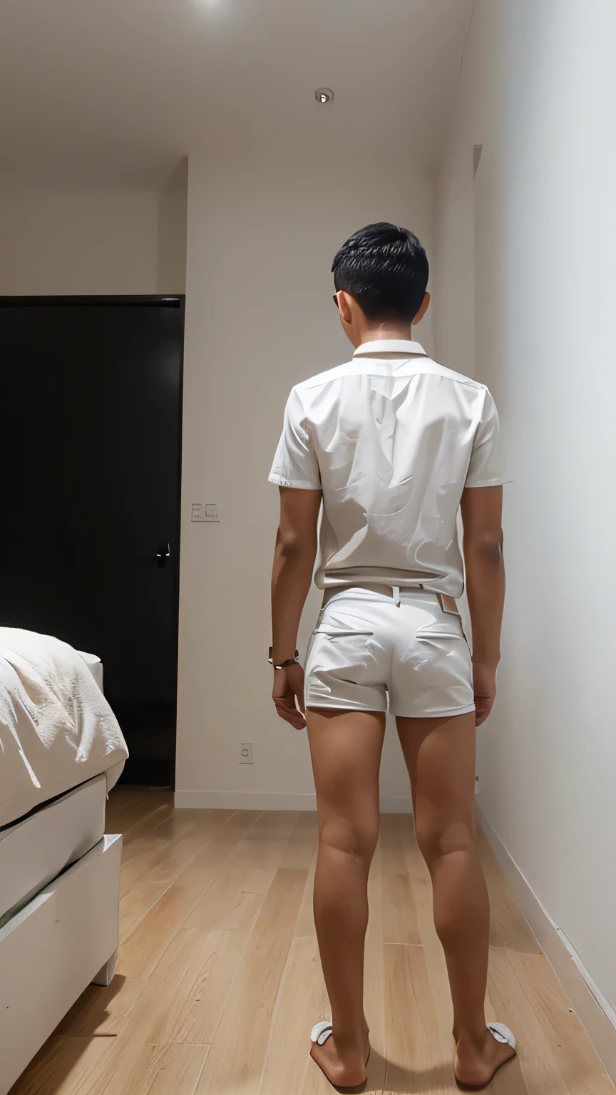 1 teenage Korean handsome nude guy, one person, white t-shirt,wearing white bikini underwear, nude ass,Standing with turn back to friends, facing halfway, wearing eyes glasses , another person wearing a student uniform,Standing at the iron fence in front of the front door.