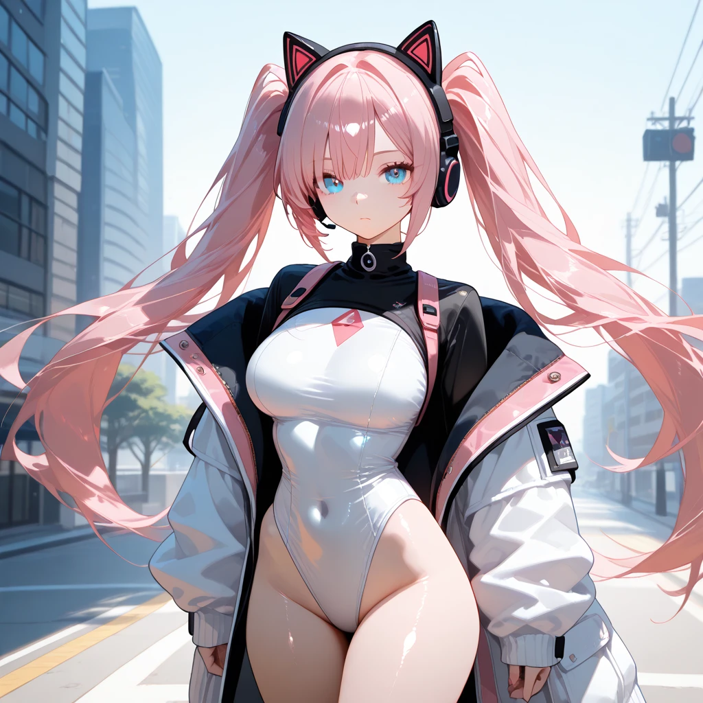 (1girl),(solo:1.2),masterpiece,best quality,illustration,highres,extremely detailed 8k wallpaper,third-party edit,depth of field,game CG,
nice hands,perfect hands,<lora:NIKKE_AliceLoraXL:0.9>,
pink bodysuit,latex,pink twintails,headphones,slight smile,(slim legs:1.2),hands on waist,from front,jogging beside a lake,