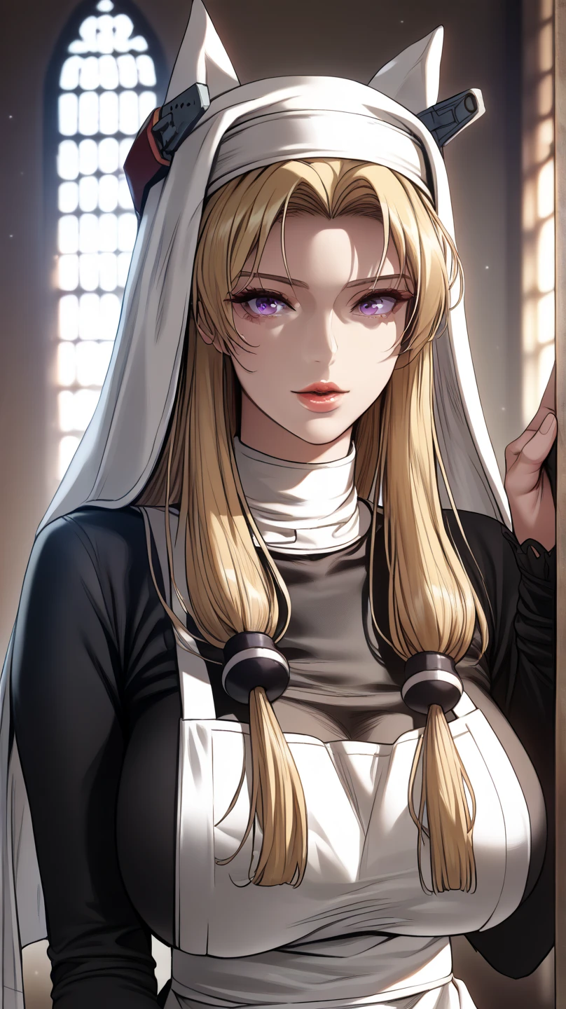 blonde，Blue Eyes，Long hair，Big breasts，woman wearing nun uniform，Slightly fat face，Mature teenage girl，Royal sister