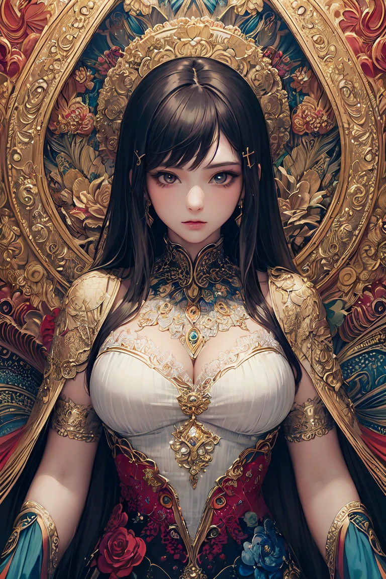 absurdres, RAW photo, extremely delicate and beautiful, masterpiece, Best Quality, ultra high resolution, 32k, hyperrealistic, ultra-detailed, Very detailed CG 8k wallpaper, detailed background, landscape, perfect anatomy, anatomically correct, perfect figure, Perfect Style, Perfect balance, super Detailed skin, in her 30s, very Slim body, narrow waist, very small head, very small face, delicate facial features, handsome detailed woman, very detailed eyes and face, realistic face proportions, Realistic beautiful face, Realistic beautiful eyes, tearful mole, earring, very huge round tits, whole body shot, medium hair, asymmetrical hair, indoor, jiangshi, qing guanmao, 
