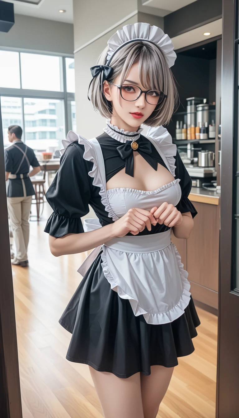 (Raw photo:1.2), (top-quality:1.2), high-definition RAW color photography, professional photograpy, Looking away, low  angle shot, (Realistic:1.37), (photographrealistic:1.37), ((top-quality)), 25 year old woman, ciinematic light, (finerly detailed face:1.2), (top-quality:1.2), (Mole:0.9), Colossal tits, (Smile:1.1), hime-cut, Ribbed white panties, Crotch line, (Detailed Maid:1.2), Knee-length skirt,  (8K:1.2), (masutepiece:1.2), (masutepiece:1.5), bright silver hair, Rimless glasses