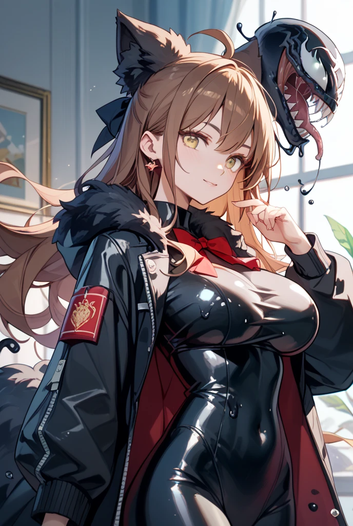 best quality, masterpiece, highres, solo, {siege_arknights:1.15}, animal_ears, lion_ears, long_hair, bangs, breasts, blonde_hair, ponytail, brown_eyes, cleavage, hair_between_eyes, brown_hair, large_breasts, upper_body, lollipop, food, candy, yellow_eyes, 1girl, black_choker, choker, mouth_hold, jacket, food_in_mouth, green_jacket, looking_at_viewer, off_shoulder, bare_shoulders, open_clothes, open_jacket, simple_background, tank_top, white_background