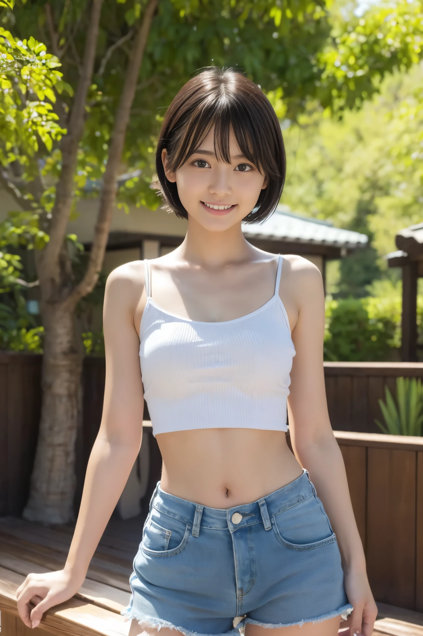 Picture taken from the front, with the left and right sides equally spaced, equally spaced left and right, stand upright, cowboy shot, (arms behind back:1.5), One girl, very short hair, (camisole, shorts)