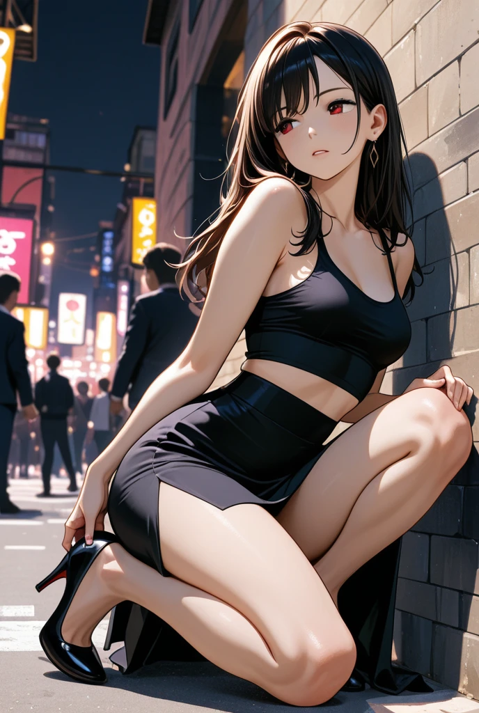 a futuristic girl in a sexy black outfit with very long brown hair, standing on the ledge of a building, futuristic city landscape, 1 girl, alone, navel, looking at viewer, plaid miniskirt, belt, stockings, smile, breasts, choker, thighs, bare shoulders, crop top, plain tight black t-shirt, stomach, ponytail, abdomen, collarbone, jewelry, shirt, small breasts, cowboy photo, black choker, red eyes, closed mouth, (best quality, masterpiece, ultra detailed, illustration: 1.2), (8K wallpaper), (beautiful detailed eyes: 1.2), beautiful, amazing and detailed eyes, (detailed skin) eroticism, sexy image, black and white, between shadows, oil painting, chiaroscuro, sensual lighting and dramatic, moody atmosphere, photorealistic, intricate details, masterpiece, ultra detailed, high quality, 8k, best quality, realistic, cinematic, dark and brooding, expressionist, powerful composition, emotional impact , { {{,{pussy,spread her Pussy,cum,cum on Pussy ,masterbation,straddling,},{{{back,doggystyle,penis,1boy}}} art inspired by Bill. Sienkiewicz and Dave McKean, (best quality, 4k, 8k, high resolution, masterpiece: 1.2), ultra detailed (realistic, photorealistic, photorealistic: 1.37), intricate details, vivid colors, sharp focus, professional, artwork by Dave McKean, surreal oil touch, oil painting style, portrait, woman, beautiful detailed eyes, beautiful detailed lips, dreamlike atmosphere, shadow play, soft lighting, fun pose, dark tones, ethereal background, fantasy elements, texture , layered composition.
