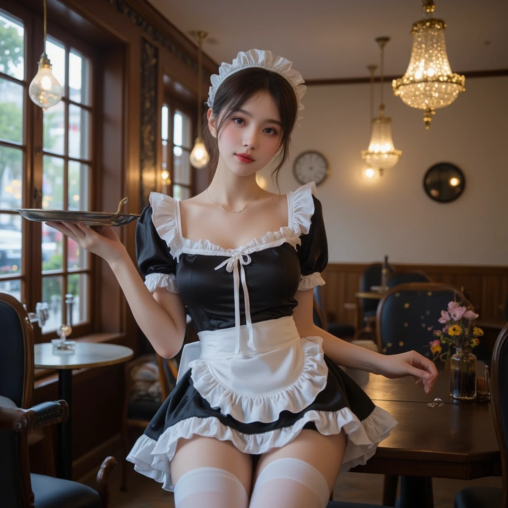 Highest quality, Super detailed, High resolution, 8K images) (reality, Realistic photos:1.37),(Black thighs、Maid's Headdress、Short sleeve、Frills、choker、Maid Apron、Puffy sleeves、Wrist cuff、)Highly detailed eyes and face、(Red panties:1.2)(((Show me your  1：3)), ((Stick your  out)),(Squat with ), Fine and beautiful eyes,Perfect Proportions,(Overflowing big),(A full-body shot ), Very beautiful and cute girl,22 years old,(anime),Kamimei, Pitch black background,(Solid black background)
