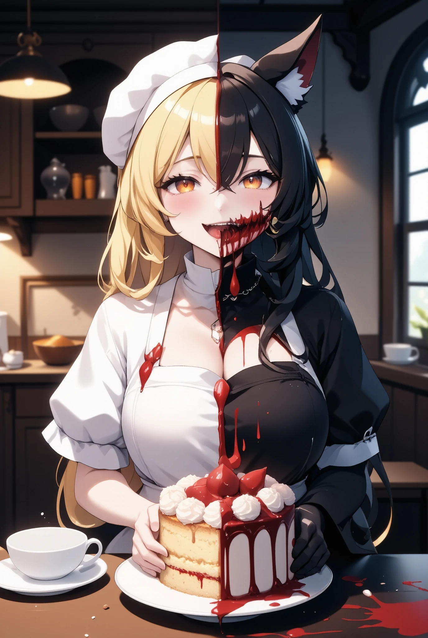 One woman who is different on the left and right,Supreme Masterpiece,,High Quality,and on the left is a cheerful confectioner wearing a white apron and hat covering his hair and holding a beautifully decorated cake in a warm kitchen,on the right is a wolf who transforms into a ruthless woman and wears a realistic, blood-stained apron,This composition is a warm kitchen light on the left the right clearly separates the essence and personality of one person by the contrast of a gloomy and dangerous atmosphere