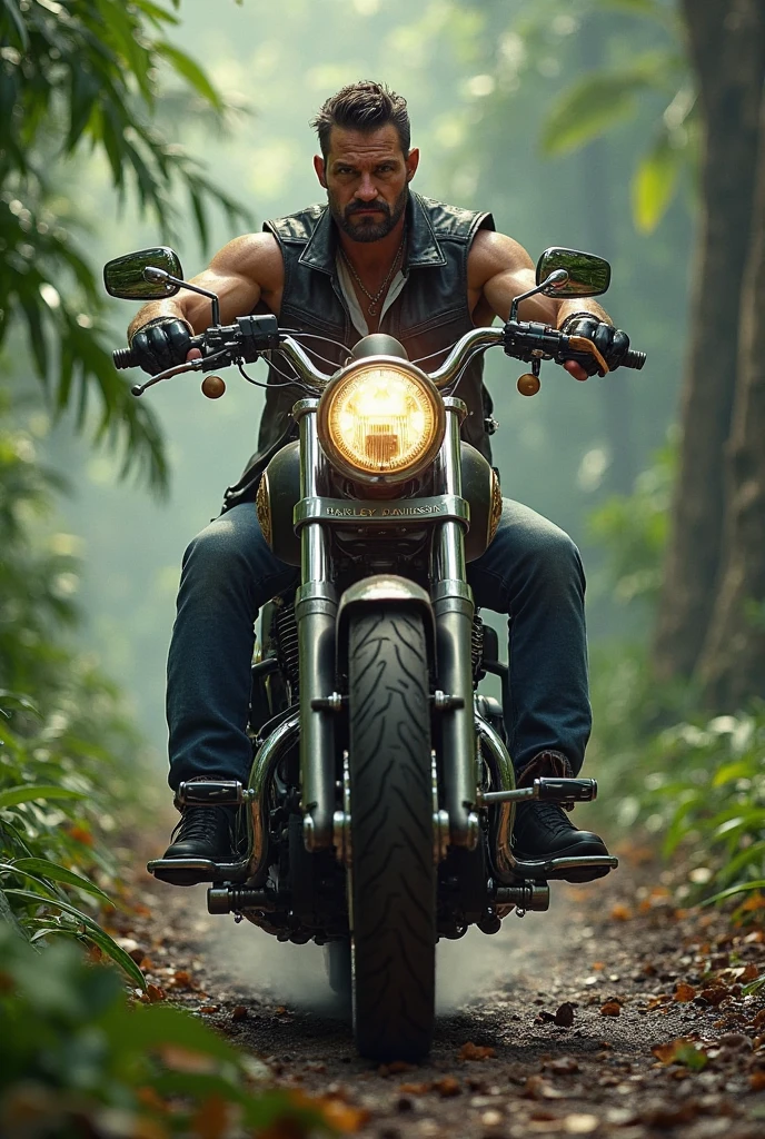 Big giant body builder men wearing black leather jacket on red unbuttoned dress shirt on heavy motor bike in jungle