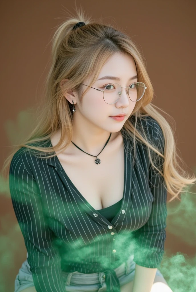 1girll, In the forest,springtime,lake,fall foliage,The upper part of the body, closeup cleavage, 8K, RAW photos, best qualtiy, tmasterpiece, realisticlying, photograph realistic,huge tit,Wear earrings,wearing a choker,Bigchest,Beauty Updo Hair,wears glasses