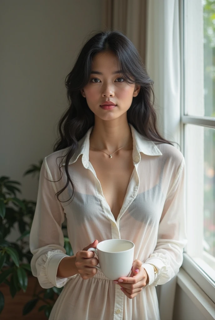 full body photo, beautiful woman originally from Indonesia, age 20, wearing a thin contemporary white shirt, no bra, perfectly proportioned body, standing near the window, sad face, facing the window, raining outside, messy bed background, pose drinking coffee , visible reflection of woman in the window, hyperrealistic, photorealistic, ultra HD, detailed texture, full body, 8K image.