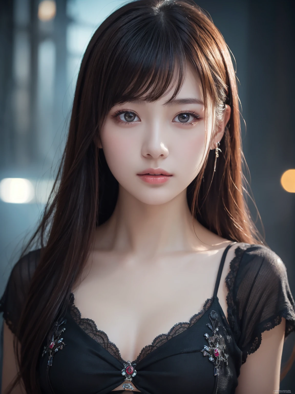 1 beautiful young girl, 非常にbeautiful詳細な顔, smile shyly, (slender body:1.2), (Super stylish black glitter metallic dress, long fluffy white coat), dark brown hair, medium long hair, (detailed face:1.2), conceptual art, high quality, realistic, very detailed CG 統合 8k 壁紙, very detailed, High-definition RAW color photo, professional photography, realistic portrait, cinematic light, beautiful, Super detailed, advanced details, (Bokeh), Depth of the bounds written, illumination, neon street, super stylish lighting, (beautiful小さな胸:1.2), smooth and perfect skin, Expressive and captivating eyes, distinct facial features, perfectly proportioned face, Fine Details and realistic Textures, break, anna_girl:1.2