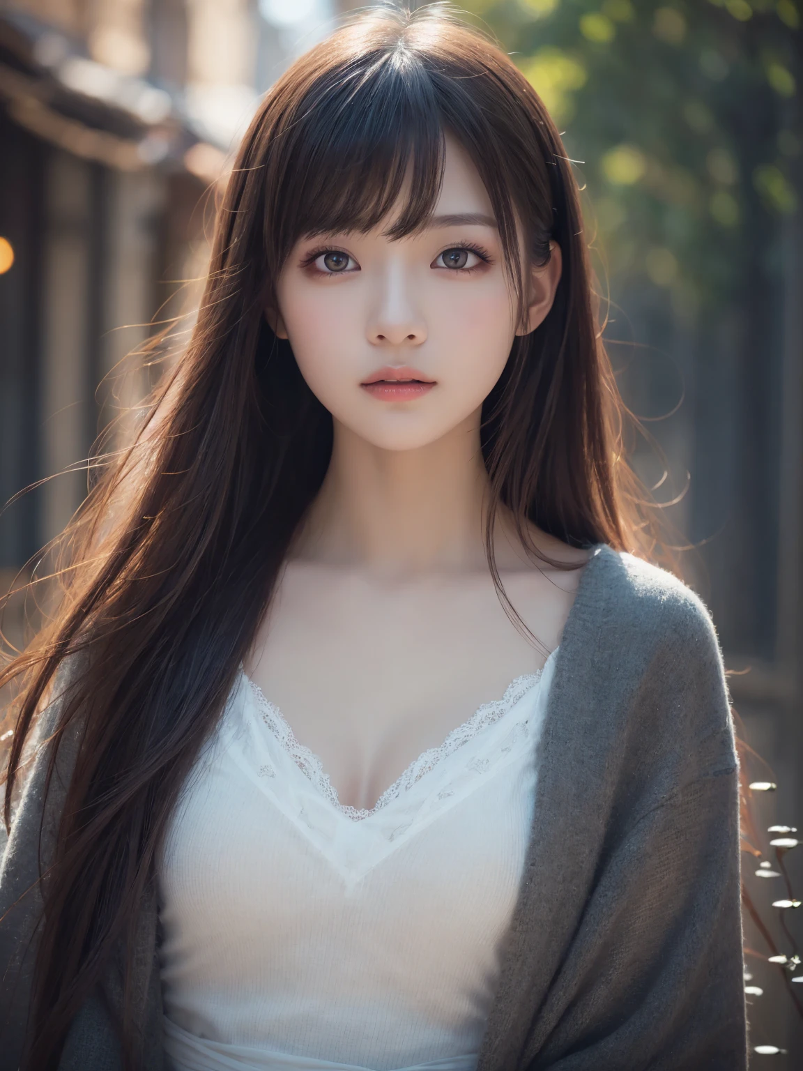 masterpiece, highest quality, 8k, 20th generation, Big Breasts, cute, alone, sad, cute, Girlish, cute、Delicate girl, Pure beauty, RAW Photos, Professional photography, Portraiture, Soft Light, Professional Lighting, Backlight, Upper Body, avert your eyes, Sophisticated, Film Grain, (Round face、Young Face、Thin eyebrows、Thin lips:1.0), Floating Hair, beautiful, Flowing hair, bangs, White blouse、pastel cardigan、(Big Breasts:1.2)、I can see a little cleavage、Micro Mini Skirt、Voluptuous thighs、dolly make、Heterochromia iridis、Left and right eyes are different colors、Midsummer sky、Cumulonimbuidsummer Beach