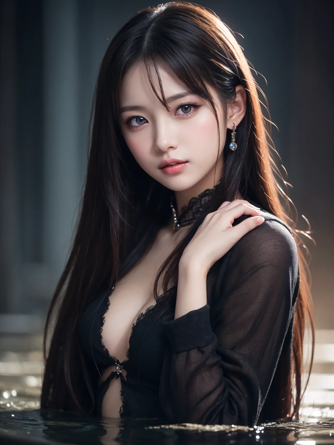 (Ultra Realistic), (Illustration), (Increased Resolution), (8K), (Extremely Detailed), (Best Illustration), (Beautiful and Detailed Eyes), (Best Quality), (Ultra Detailed), (Masterpiece ), ( wallpaper), (detailed face), solo, 1 girl, looking at viewer, fine details, detailed face, in the dark, deep shadows, low key, pureerosfaceace_v1, smiling, long hair, black shawl straight hair , 46 points oblique bangs