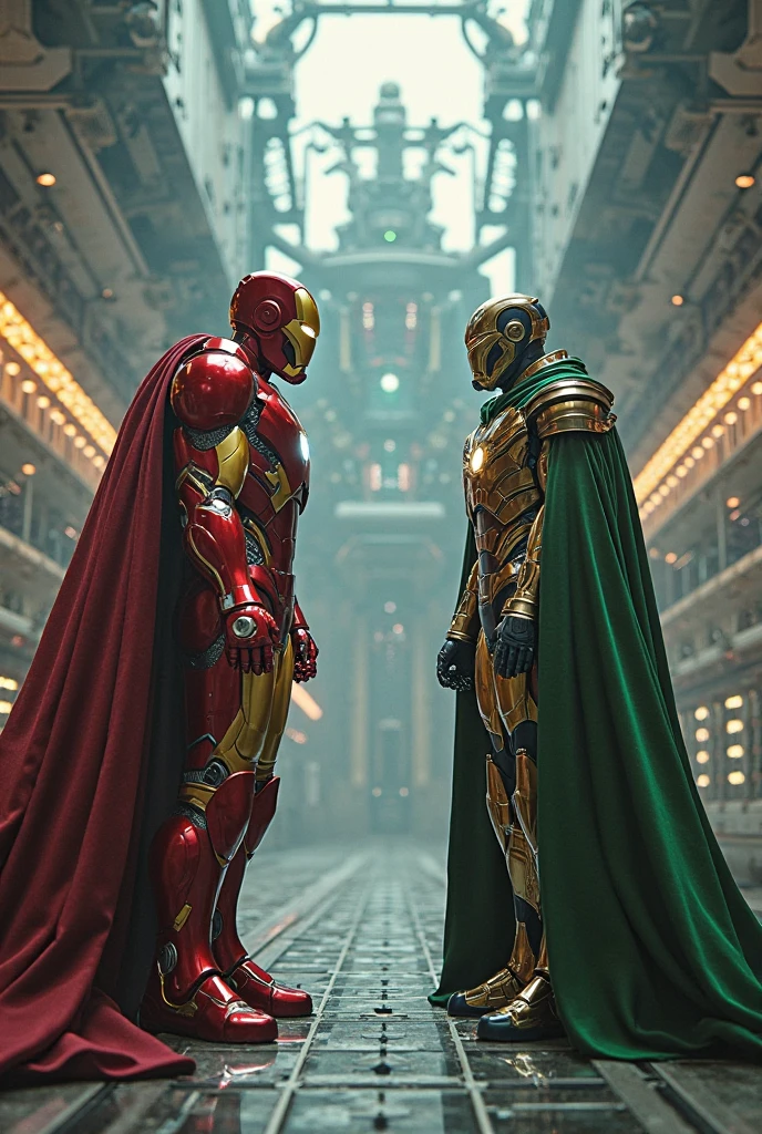 A highly detailed portrait of Dr. Doom, the Marvel supervillain, wearing a green armor suit, standing next to Iron Man, intricate mechanical details, cinematic lighting, digital art, photorealistic, 8k, award-winning illustration, dramatic shadows and highlights, glowing energy effects, complex machinery, moody atmosphere