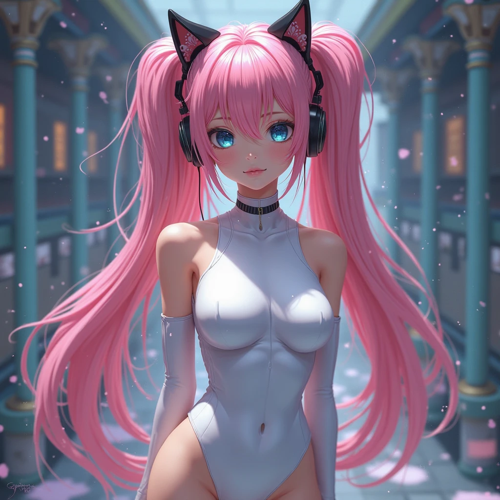 (high resolution, upper body, soft skin:1.2),(best illustration,masterpiece:1.2),ultra-detailed,[(cat ears ,pink inside:1.2),vivid colors,sharp focus,portrait,misty lighting,bokeh, wearing a purple bikini, sandy pier, misty morning, walking 