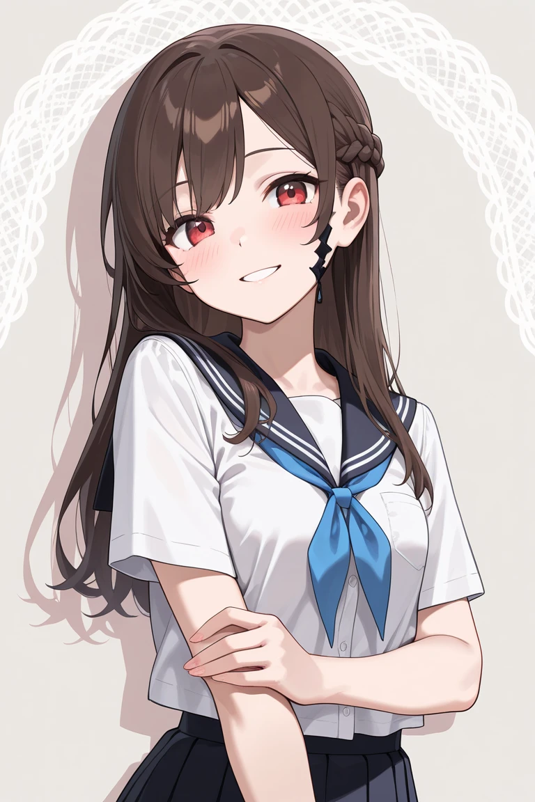 black bra,black bra,white background,masterpiece, highest quality,shape,sailor suit,slanted eyes,straight hair,brown hair,side parted,super dense skin,beautiful and detailed eyes,short sleeve shirt,red eyes,(big breasts:1.1), (A raised and well-defined bust:1.1), (lifted chest:1.2), (perky chest :1.1),high school girl,Please sit down,high socks,loafers