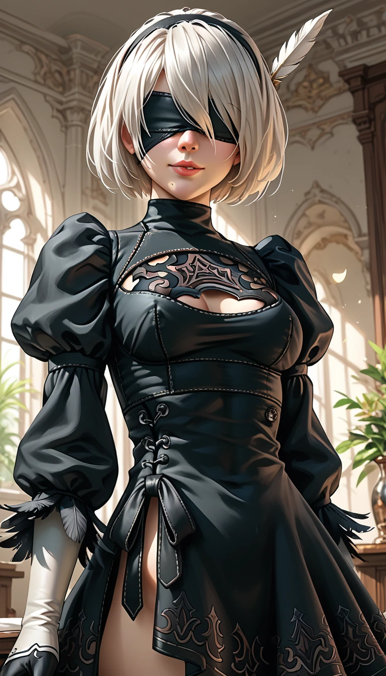 1girl, solo, detailed skin, ultra realistic 8k cg, picture-perfect face, flawless, clean, masterpiece, professional artwork, famous artwork, cinematic lighting, cinematic bloom, ((beautiful eyes)), intricate iris, (perfect hands:1.3), (extremely detailed background), ((dynamic background)), beautiful detailed girl, beautiful detailed nose, light on face, looking at viewer,<lora:GoodHands-beta2:1.5>, <lora:more_details:0.6>, <lora:y2b_v2-1:0.7> , hm2b, blue eyes, mole under mouth, clothing cutout, long sleeves, puffy sleeves, juliet sleeves, feather trim, black thighhighs, black gloves, black dress, black skirt,
 <lora:AMechaSSS[color_theme,mecha musume, mechanical parts,robot joints,headgear]:1> mecha musume, mechanical parts, robot joints, headgear
