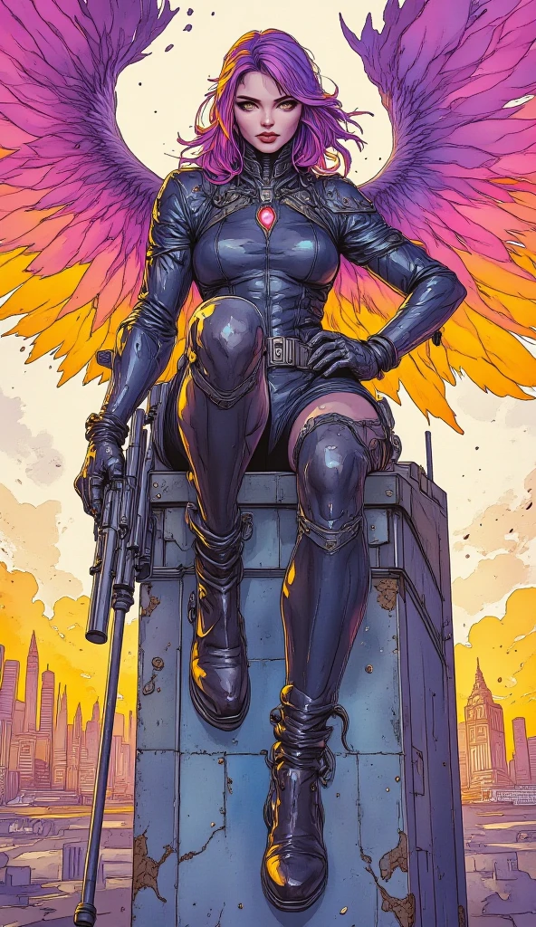 anime style drawing, a beautiful female angel with angel white shining wings holding a sword in her right hand , wearing cyberpunk clothes, cyberpunk armour,