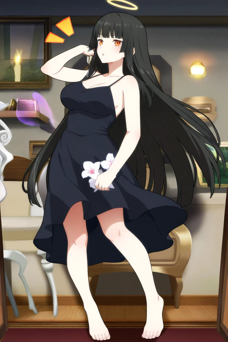 (best quality,4k,8k,highres,masterpiece:1.2), ultra-detailed, Animated, girl, mature face, long black hair, brown eyes, black hair, cool girl, flat, one shoulder purple sparkling dress, long hair one sided and wavy, very chic, makeup, smiling blushing, without bang