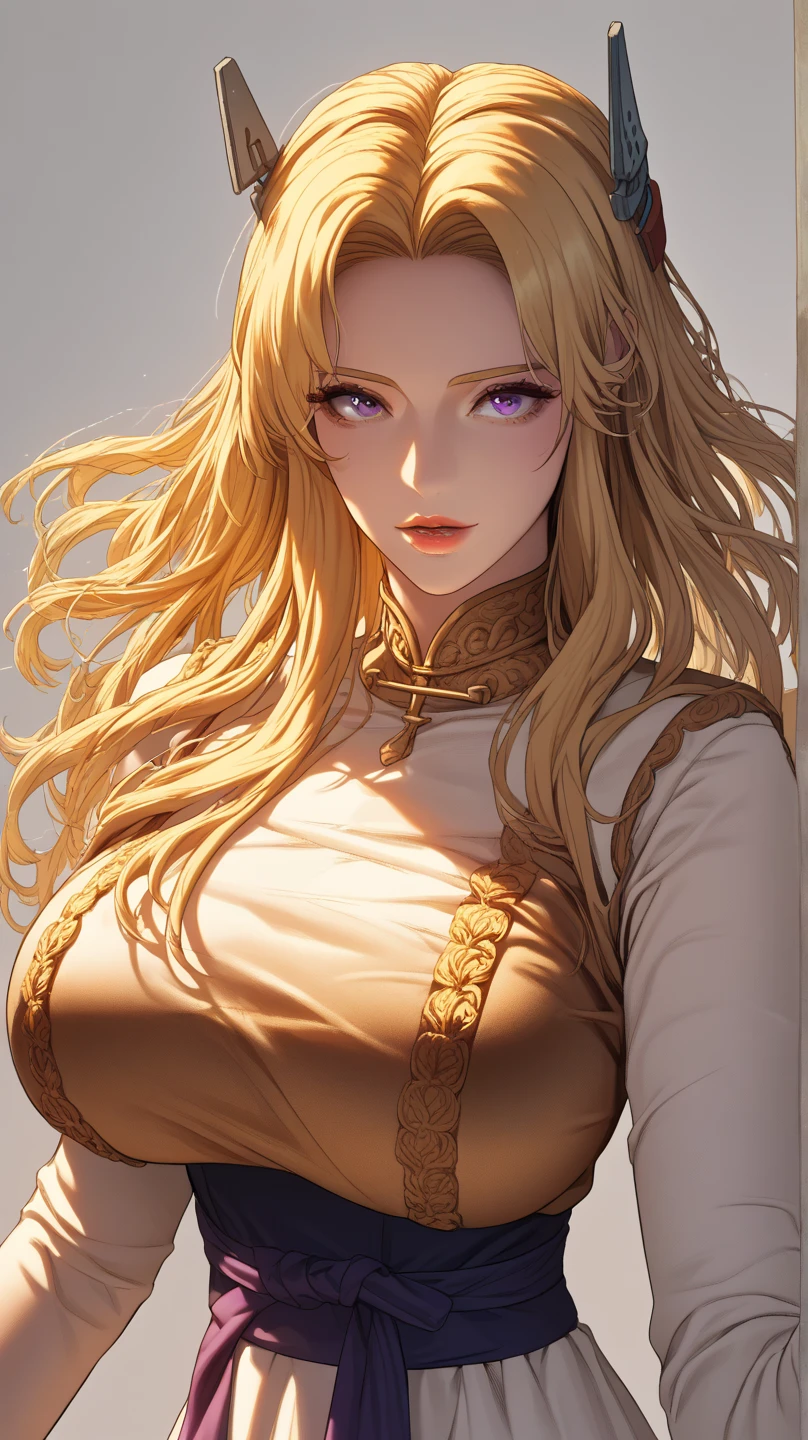 (photorealistic:1.4), (masterpiece, sidelighting, finely detailed beautiful eyes: 1.2), masterpiece*portrait, realistic, 3d face, glowing eyes, shiny hair, lustrous skin, solo, embarassed, (midriff), no underwear, blonde hair,sexy,bareness，papula，breast，longleg, (Big breast), erotically, [yoshitaka amano character design grief despair lustful innocence] [Style by NTY famale Dark colorful], 