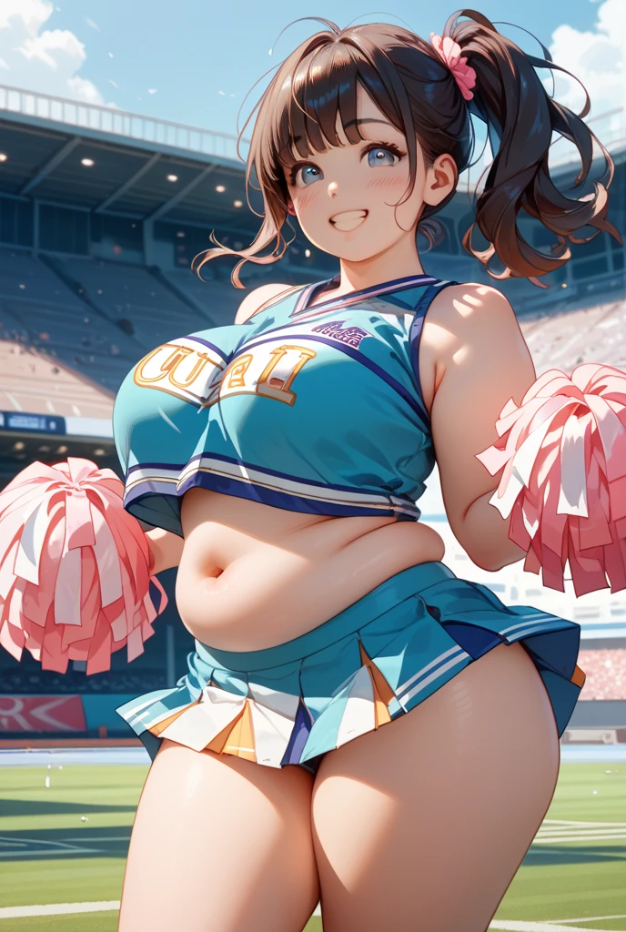 ((Masterpiece)), perfect anatomy, perfect shading, field of depth, (best quality), extremely delicate and beautiful, perfect lighting, detailed face, ultra cute face, cute, (cowboy shot 1.2), full body, (((1girl))), (((solo))), cheerleader
long hair, fluffy hair, brown hair, green eyes, ((blush))), embarrassed, (cheerleader uniform), (blue and white tank top 1.2), (short section skirt 1.2), thigh highs, chocker, extremely tight clothes, large breasts, cleavage, perky breasts, (((wide hips))), ((thick thighs)), ((big butt)), ((plump)), chubby belly, fat rolls, belly hang, she has a jiggly belly,
football field, intricate background, detailed background, sweaty, out of breath