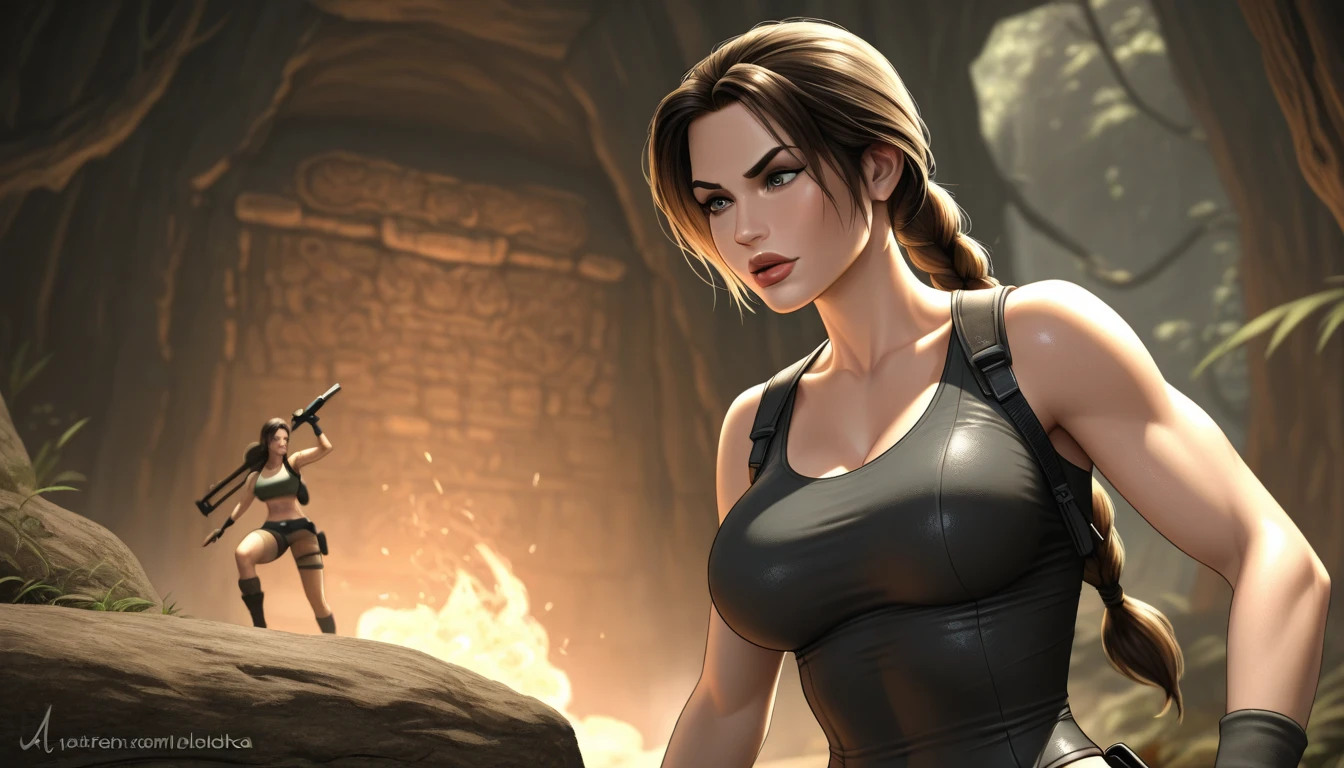 Lara Croft, Tomb Raider,(Woman) ,Female, ((brunette)) ,holding pistol, serious look, long hair, dark eyes, kentaru miura, berserk, sleeve, 8k, best quality, dynamic light
