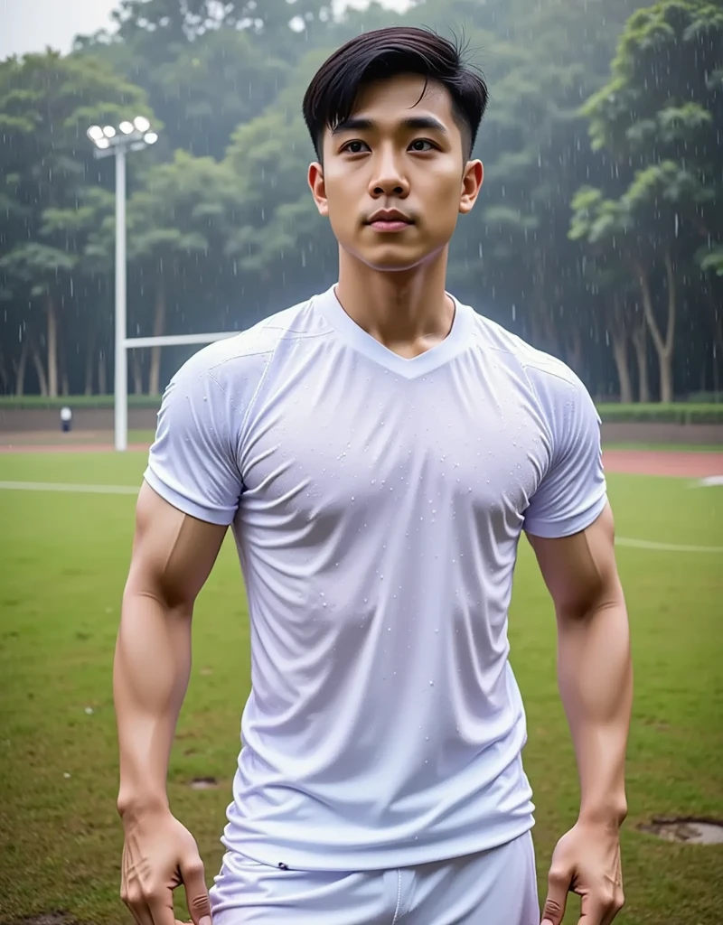 独奏 , 1 person , Portrait of a handsome Asian rugby player, short hair, no beard, muscular, big muscles, wearing a gray round neck t-shirt, wet, outdoors, rice field, countryside, hut, Thailand, Laos, Burma, Asia.