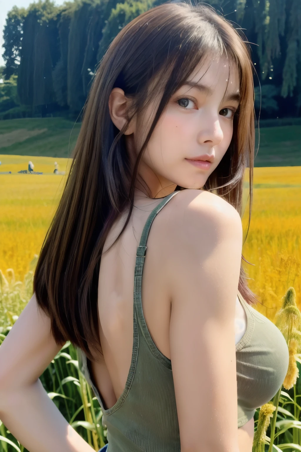 (((fullnude、a beauty girl、Stay outside))、fullnude、The wind is blowing outside、Naked without wearing anything、((Not wearing pants、Naked body))、14years、８Head and body、a small face、A slender、Very skinny、skinny、torso, beauty legs、legs are long、tiny chest,Ribs、discreet breasts、((Constricted waist、Smaller chest、small tits))、beauty legs、dented belly、Model body type、Lustrous hair、Backgrounds that look like real photos、(((NSFW)))、(((Reveal madness)))、Field work、harvest、I&#39;m looking up at you