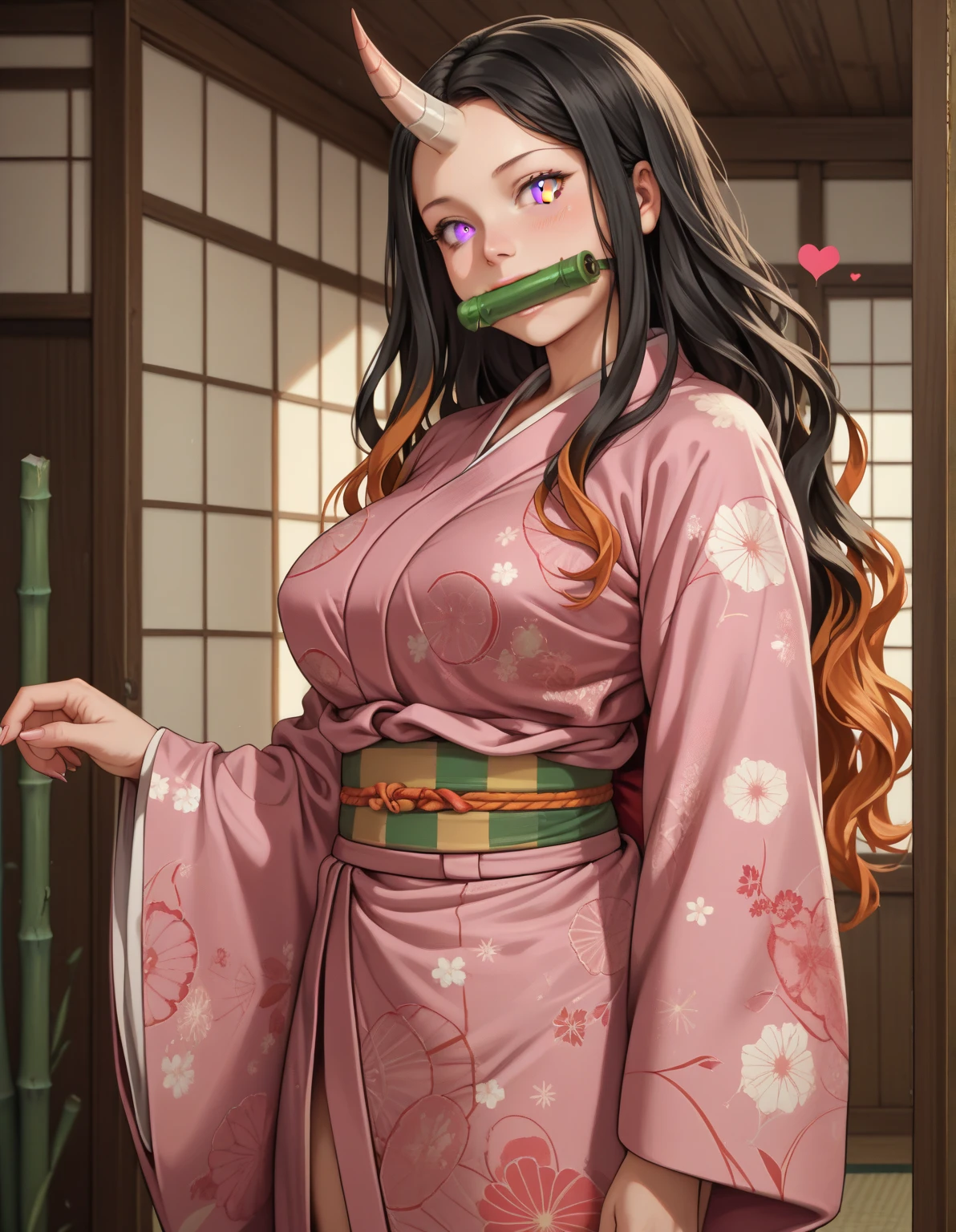 masterpiece, (pink kimono), seductive face, good lighting, décolleté, fine details, masterpiece, glowing eyes, 1girl, black hair, gag, bamboo, Nezuko Kamado, wisteria background, masterpiece, best quality, POV, whole body, wide hips,